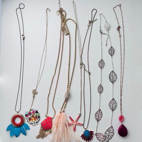 Long Statement Lot Necklaces Feather Tiger Bold Colors Silver Coral Starfish - Picture 4 of 6